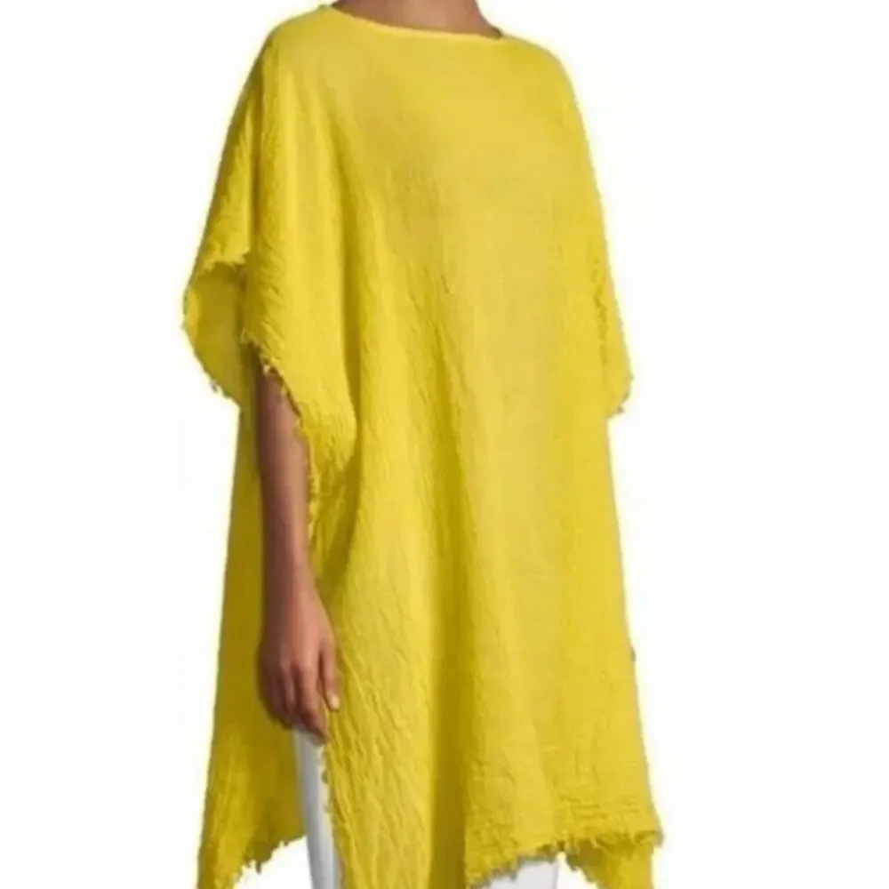 Eileen Fisher Yarow Lightweight Organic Cotton Poncho Yellow Frayed Edges OS